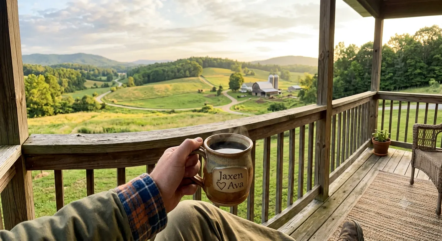 Morning coffee on a porch overlooking green hills